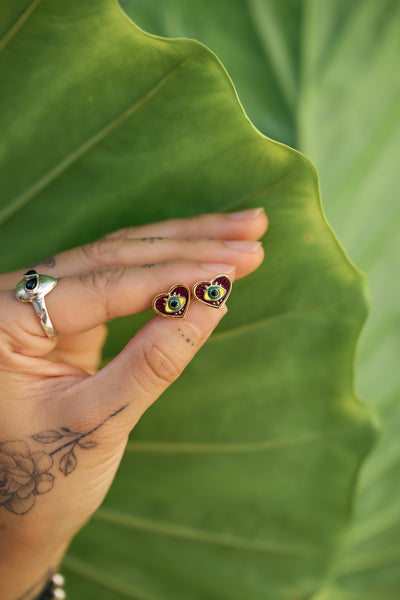 Mardi Gras Evil Eye Heart Earrings - Gold Vermeil