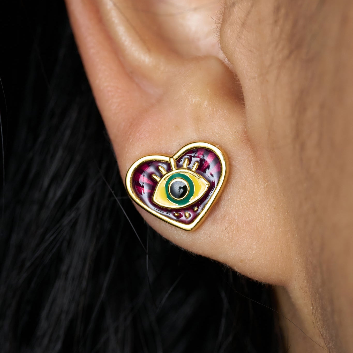 Mardi Gras Evil Eye Heart Earrings - Gold Vermeil