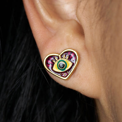 Mardi Gras Evil Eye Heart Earrings - Gold Vermeil