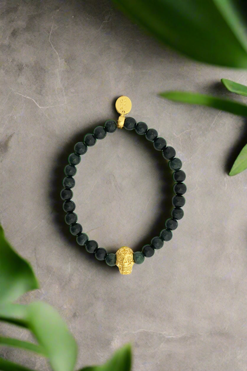 Mayan Jaguar Jade Golden Skull Signature Stretch Bracelet